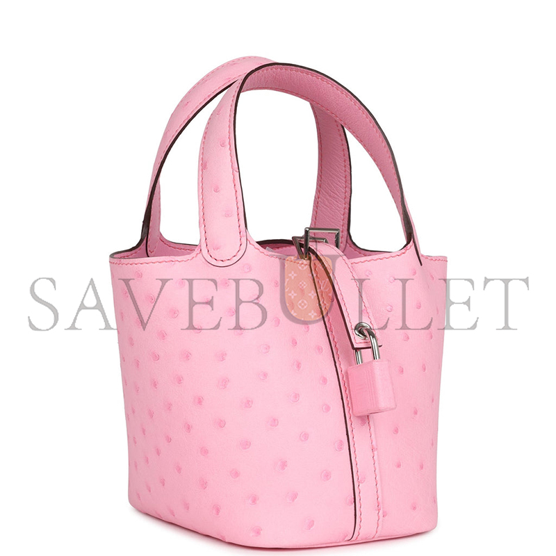 HERMÈS MASTER MICRO PICOTIN LOCK 14 BUBBLEGUM OSTRICH PALLADIUM HARDWARE (14*12*10cm) 